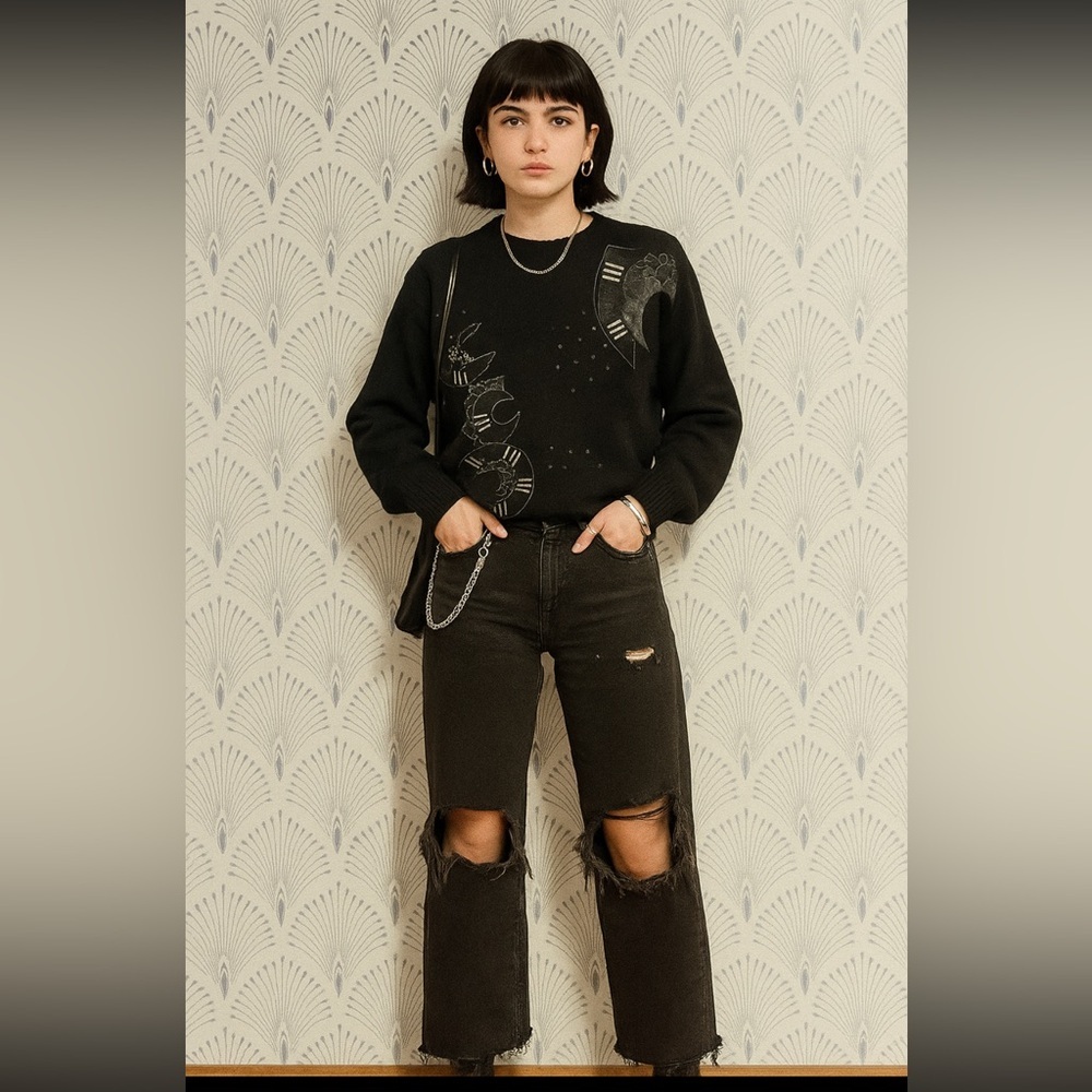 Eddie Dassin| VTG Abstract Black Sweater with cowhide leather.